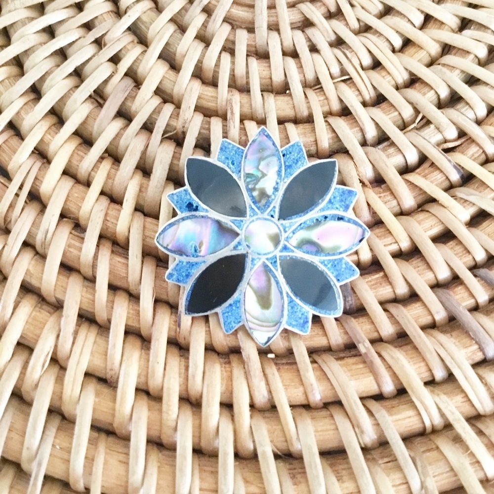 Sterling Silver Brooch Pin Blue Black
